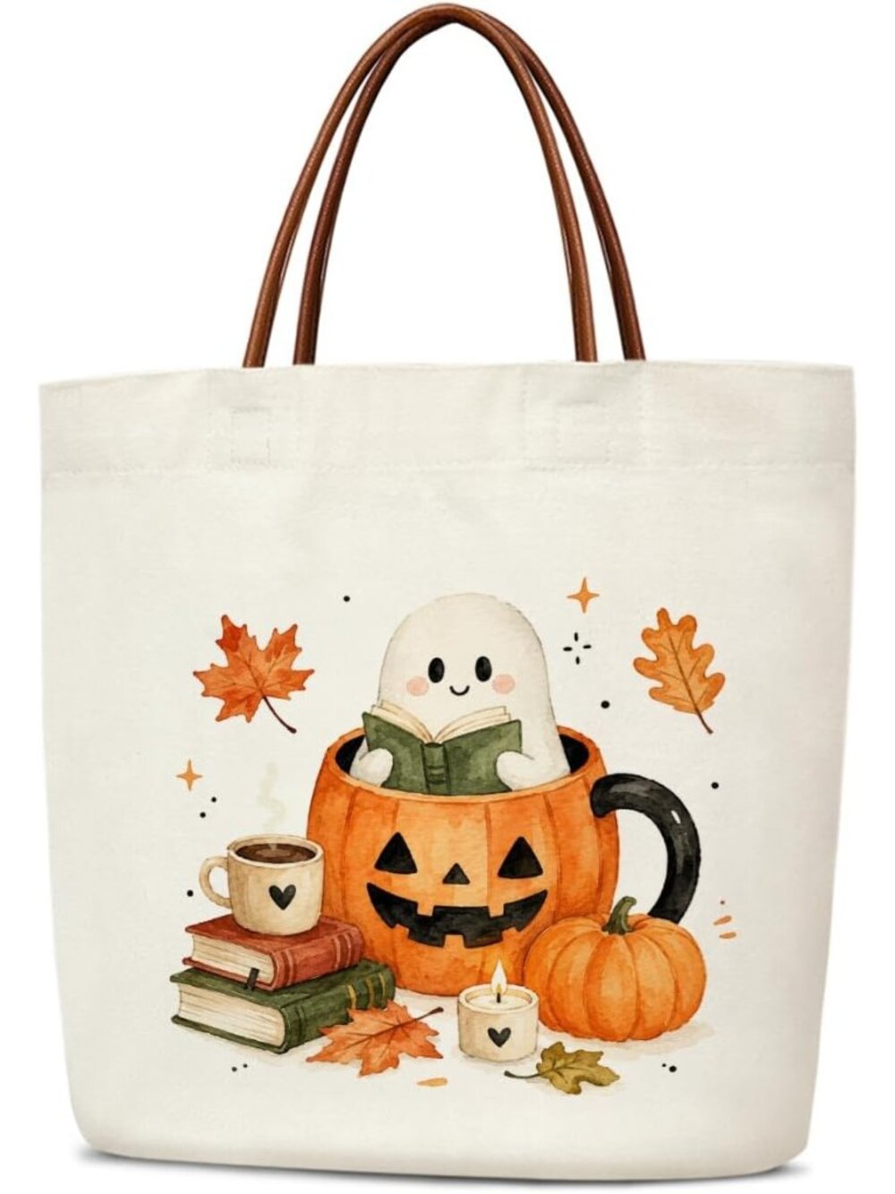 〽️Women Cream Mug Ghost Halloween Reusable Leather Handles Grocery Tote Gift Bag